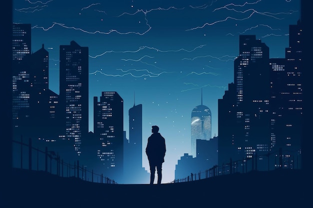 Illustration einer Männersilhouette vor der Skyline einer nächtlichen Stadt