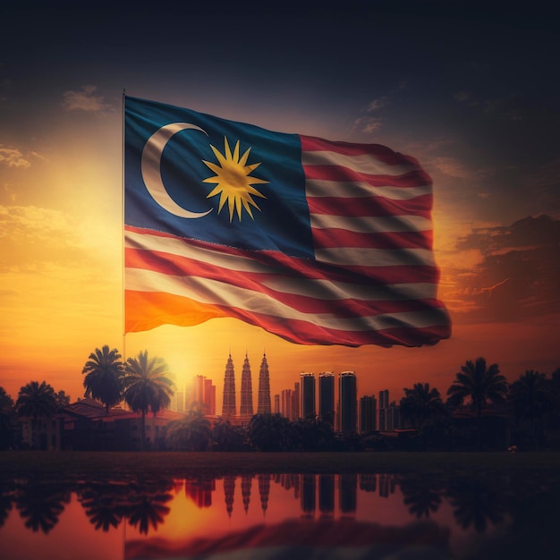 Illustration einer malaysischen Flagge mit Stadt- und Sonnenuntergangshintergrund
