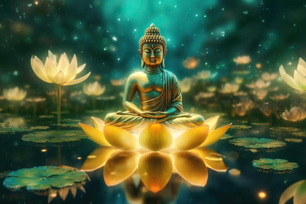 Illustration einer meditierenden goldenen Buddha-Statue in Lotus-Pose im grünen Garten