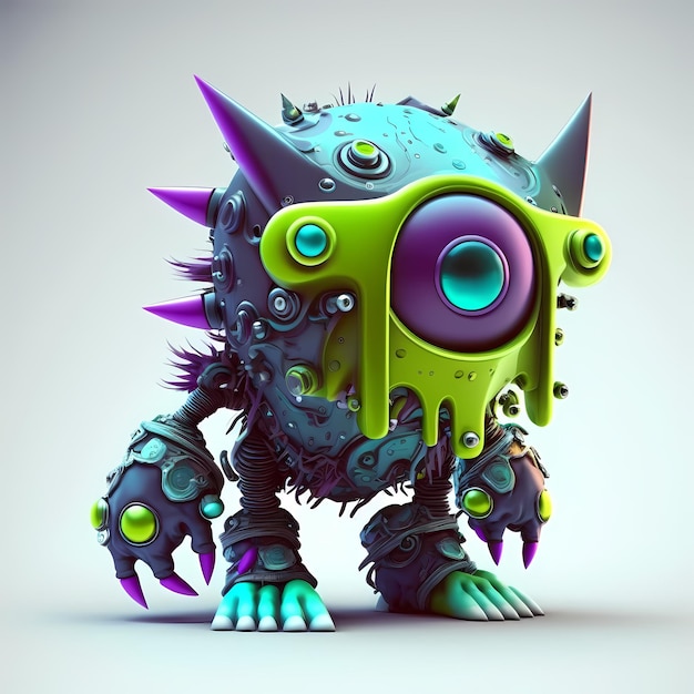 Illustration einer Mischung aus Cyberpunk und Steampunk Monster 3D-Design mit halben Roboterkörperteilen