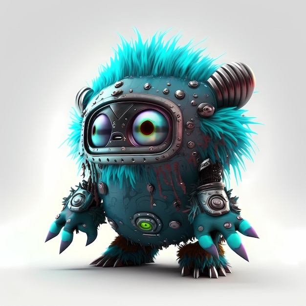 Illustration einer Mischung aus Cyberpunk und Steampunk Monster 3D-Design mit halben Roboterkörperteilen