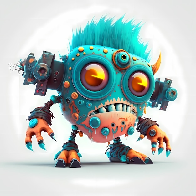 Illustration einer Mischung aus Cyberpunk und Steampunk Monster 3D-Design mit halben Roboterkörperteilen