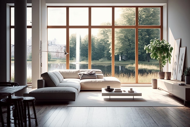 Illustration einer modernen hellen Wohnung mit großen Fenstern generativ Ai