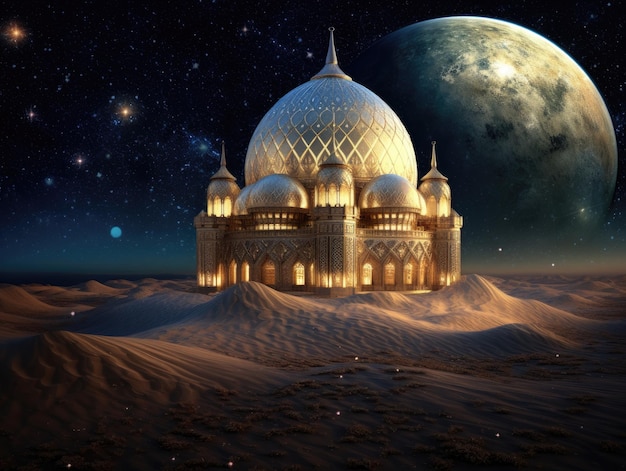 Illustration einer Moschee in der Wüste mit Mond mit Konzept des islamischen Hintergrunds mit Kopierraum