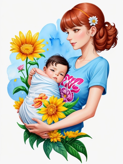 Illustration einer Mutter, die ihr Baby sehr farbenfroh hält