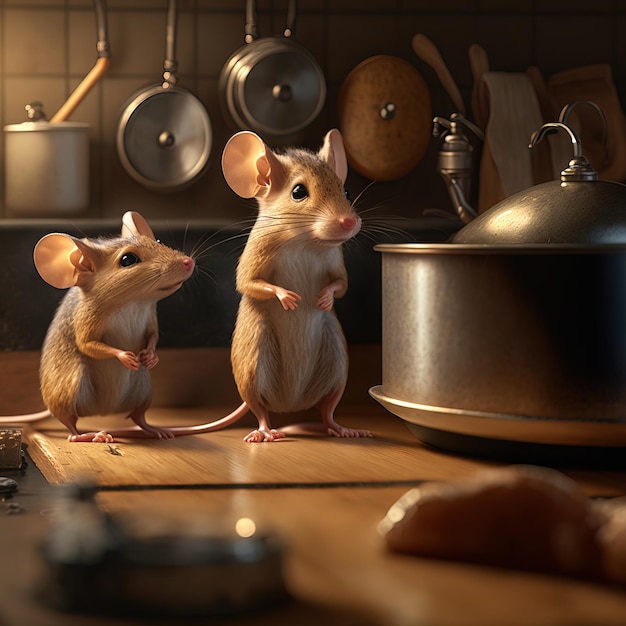 Illustration einer niedlichen Maus, die als Koch auf einem Tisch verkleidet ist, im Hintergrund eine Küche Generative A