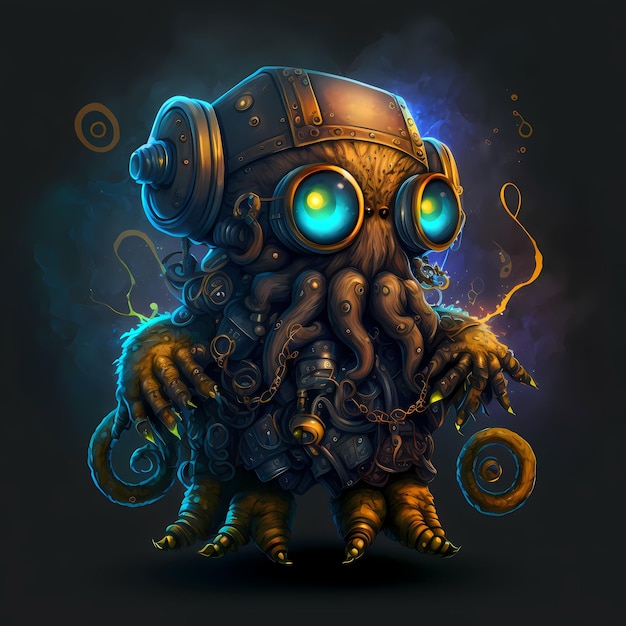 Illustration einer Octopus Monster-Figur, Steampunk-Stil, Cartoon-Charakter-Design