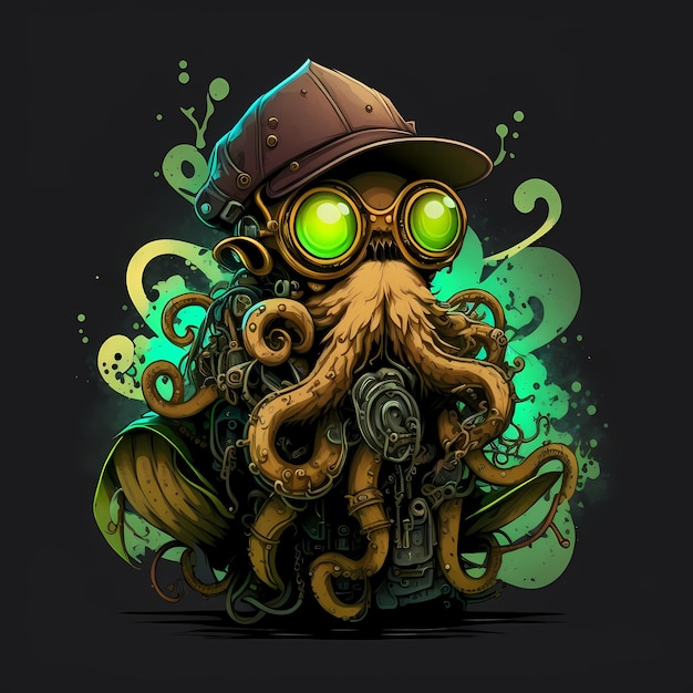 Illustration einer Octopus Monster-Figur, Steampunk-Stil, Cartoon-Charakter-Design