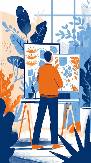 Foto illustration einer person, die auf einer leinwand malt, umgeben von pflanzen und kunstwerkzeugen, anwendungskunst und