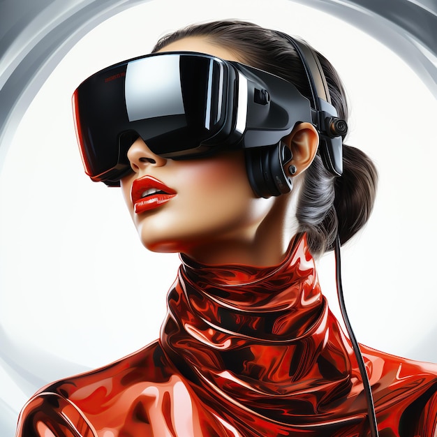 Illustration einer Person, die ein Virtual-Reality-VR-Headset trägt, das mithilfe von KI als generatives Kunstwerk erstellt wurde