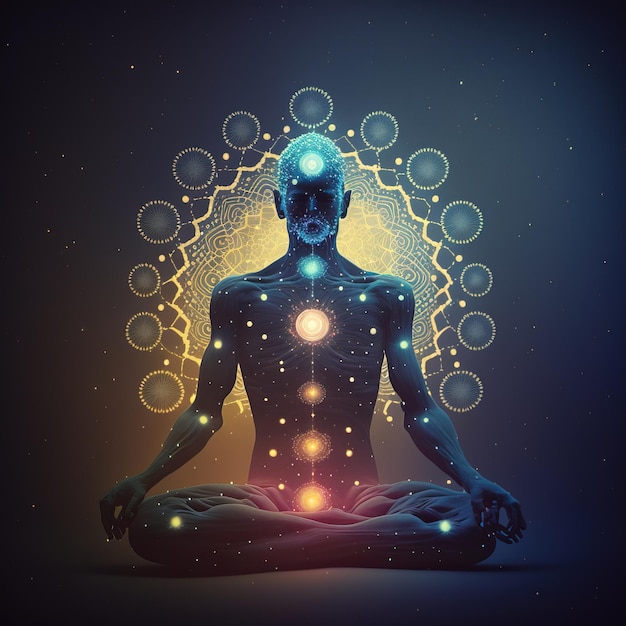 Illustration einer Person, die Yoga-Spiritualität mit der generativen KI des Universums macht