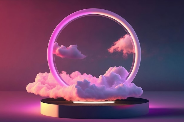 Illustration einer Produktszene mit Neonkreis und realistischer Wolken-KI-Generierung