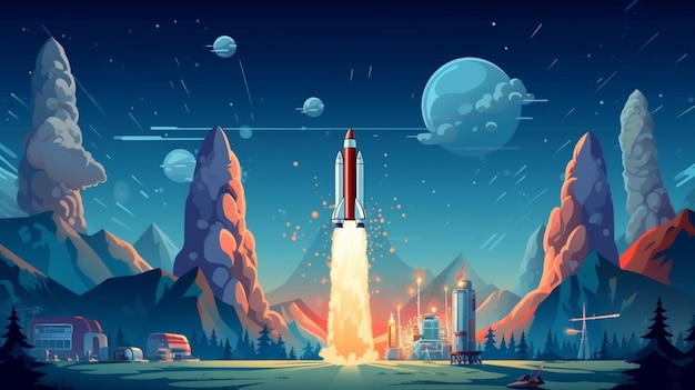 Illustration einer Rakete, die in den Weltraum startet, mit Bergen und Planeten im Hintergrund, generative KI
