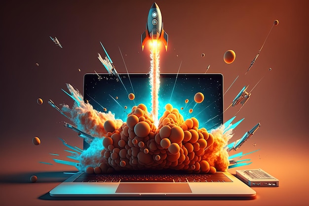 Illustration einer Rakete, die vom Laptopbildschirm abhebt Generative KI