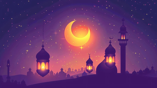 Illustration einer Ramadan-Grüßkarte auf einem violetten Hintergrund