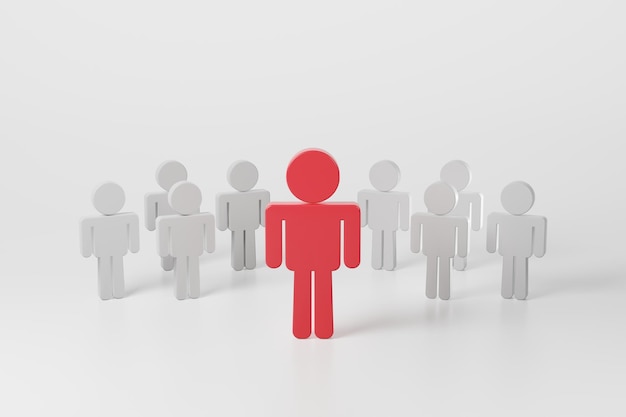 Illustration einer roten Person, die sich in einer Menschenmenge auszeichnet. Weiße Menschen auf weißem Hintergrund. Rotes menschliches Modell mit den anderen in einer Reihe von Führungskräften.