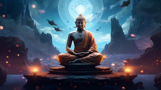 Illustration einer ruhigen Buddha-Statue unter dem Vollmond