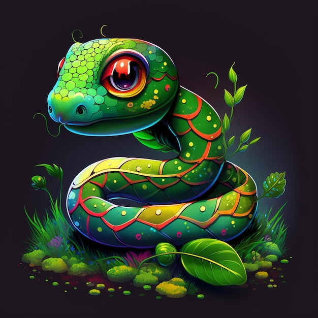 Illustration einer Schlange mit buntem Körper und generativen Augen