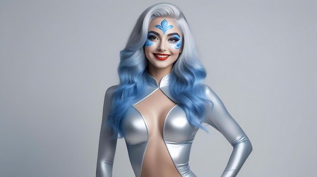 Illustration einer schönen Frau mit blauen Haaren und futuristischem Make-up