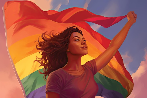 Illustration einer schönen Frau mit einer Regenbogenfahne in der Hand