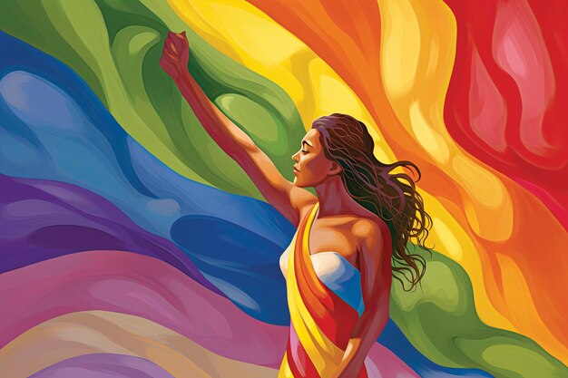 Illustration einer schönen Frau mit einer Regenbogenfahne in der Hand
