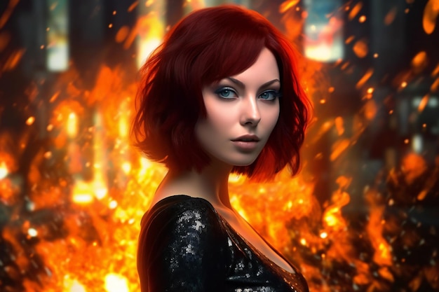 Illustration einer schönen Frau mit roten Haaren im Feuer