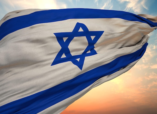 Illustration einer schwingenden Flagge von Israel mit goldenem Sonnenuntergang auf dem Hintergrund