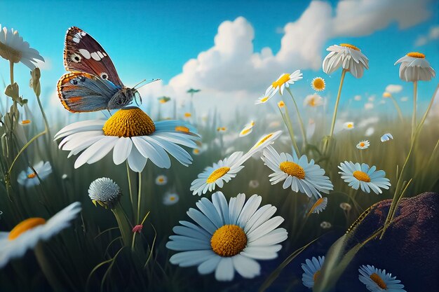 Illustration einer Sommerwiese mit bunten Blumen und Schmetterling AI