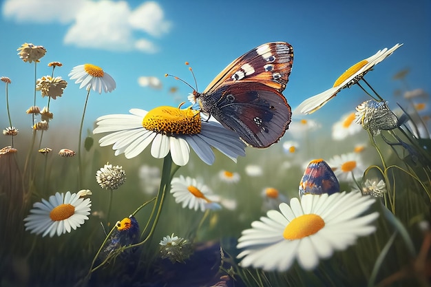 Illustration einer Sommerwiese mit bunten Blumen und Schmetterling AI