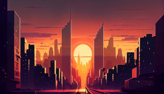 Illustration einer Stadt bei Sonnenuntergang Gebäude und Wolkenkratzer mit der Sonne im Hintergrund