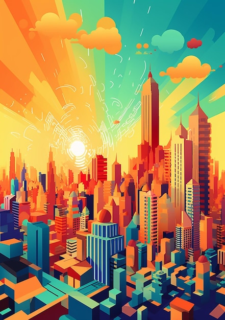Illustration einer Stadt mit einem Sonnenuntergang im Hintergrund, generative KI