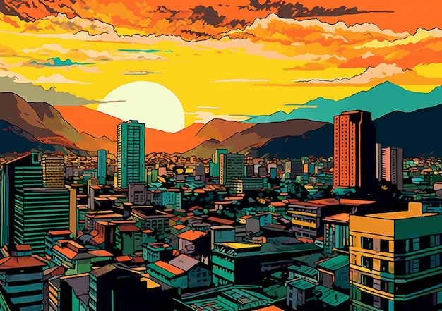 Illustration einer Stadt mit einem Sonnenuntergang im Hintergrund, generative KI