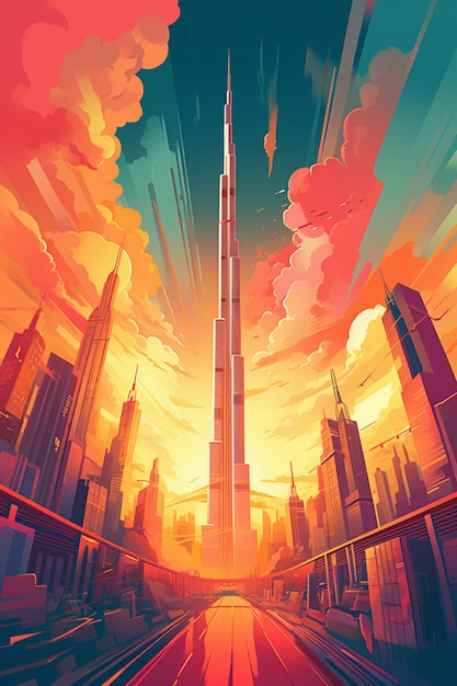 Illustration einer Stadt mit einem Wolkenkratzer in der Mitte generative KI