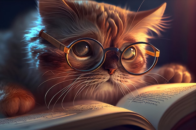 Illustration einer süßen, flauschigen Katze, die eine Brille trägt und ein Buch AI liest