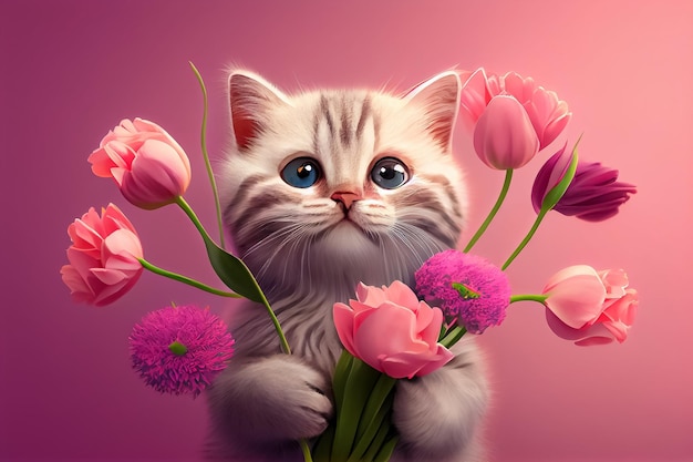 Illustration einer süßen Katze, die Blumen in rosa Hintergrund AI gibt