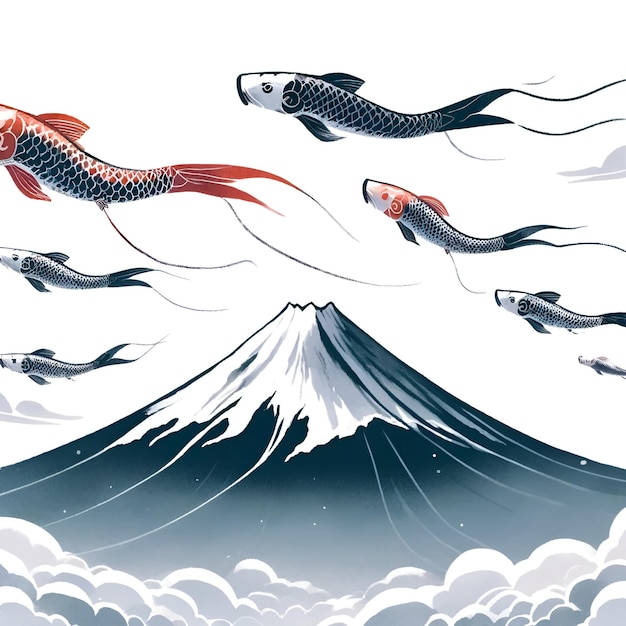 Illustration einer Szene für den Showa-Tag mit stilisierten Karpfenstreifen, die gegen einen Mount Fuji fliegen