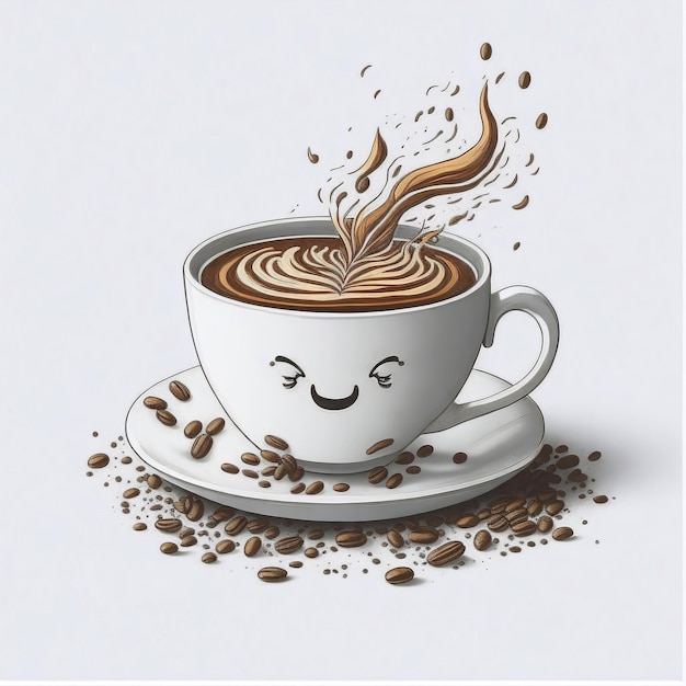 Illustration einer Tasse frischen Kaffee, köstliches heißes Kaffeegetränk und geröstete Kaffeebohnen