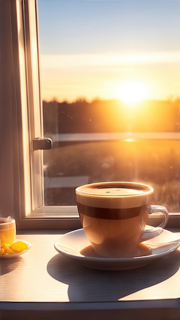 Illustration einer Tasse Kaffee mit einer wunderschönen Landschaft bei Sonnenaufgang