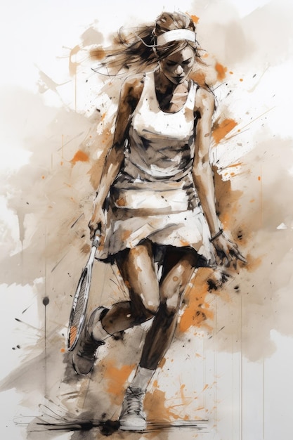 Illustration einer Tennisspielerin im Stil der Aquarellmalerei mit generativen Spritzern