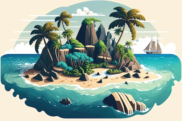 Illustration einer tropischen Insel mit Palmen, Stränden und Ozean