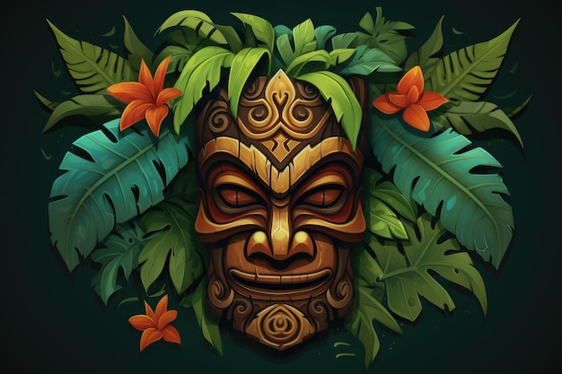 Illustration einer tropischen Tiki-Maske, Symbol eines wilden Stammes im Dschungel