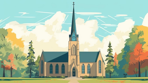 Illustration einer unberührten Kirche mit Turm und Steine