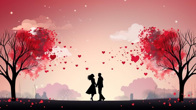 Illustration einer Valentinstagskarte mit den Silhouetten eines jungen liebenden Paares