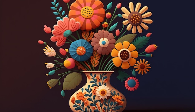 Illustration einer Vase mit fröhlichen Blumen in einem kräftigen, farbenfrohen Volkskunststil, einzigartiger Look, generative KI