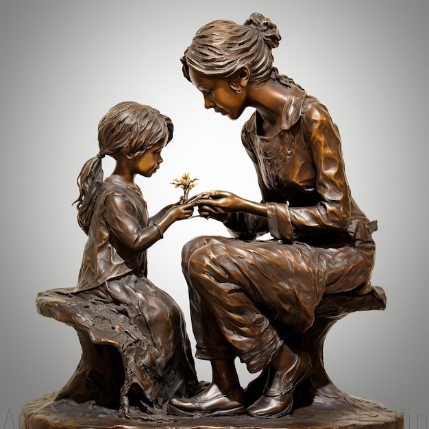 Illustration einer verdunsteten Skulptur Mutter und kleine Tochter Original Generative ai