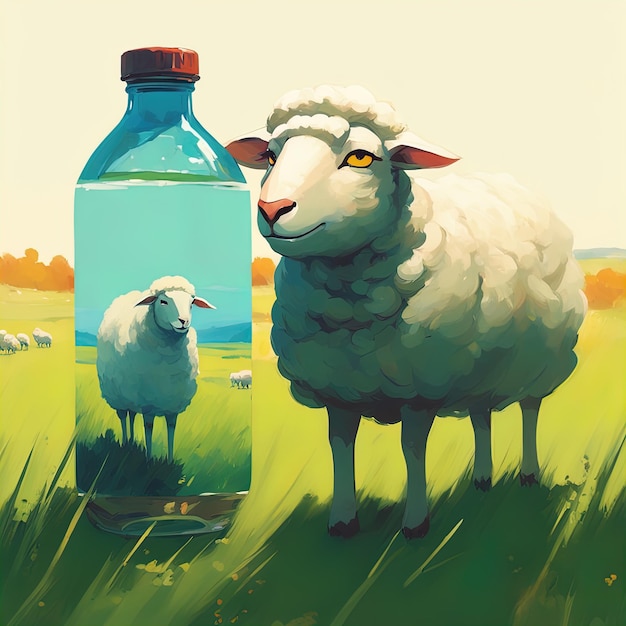 Illustration einer weißen Kuh mit einer Flasche Wasser auf einem Bauernhofschaf auf dem Feld