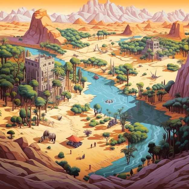 Illustration einer Wüstenlandschaft mit einem Fluss und einer generativen Burg