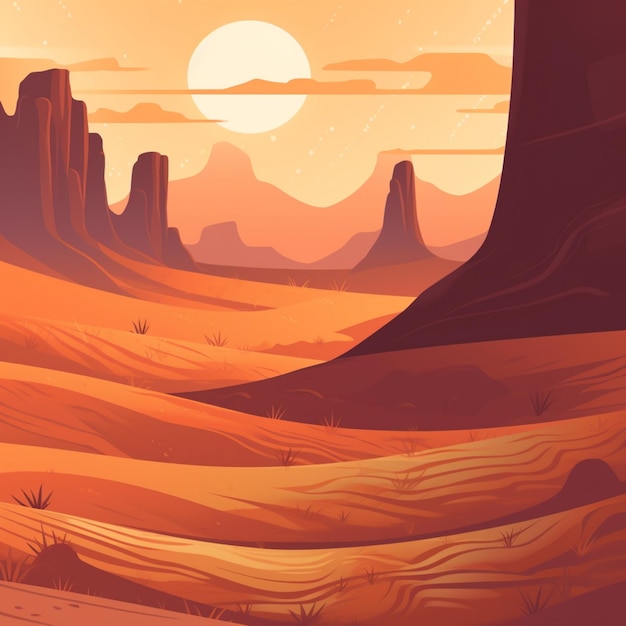 Illustration einer Wüstenlandschaft mit einem Sonnenuntergang im Hintergrund generativ ai