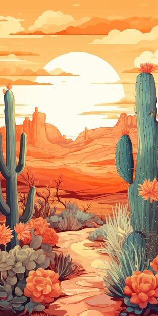 Illustration einer Wüstenlandschaft mit Kaktuspflanzen und einem generativen Sonnenuntergang bei Sonnenuntergang