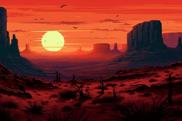 Illustration einer Wüstenszene mit einem Sonnenuntergang und am Himmel fliegenden Vögeln, generative KI
